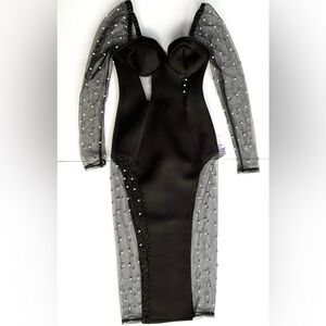 ASOS Petite DESIGN Petite glitter insert pearl mesh midi pencil dress in black